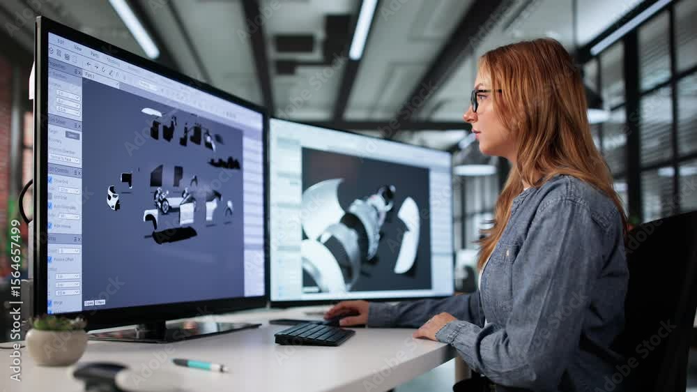 Poster young designer using cad software to render car design on desktop