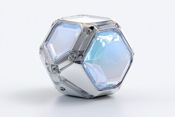 Futuristic Icosahedron with Iridescent Panels on Clean White Background Capture