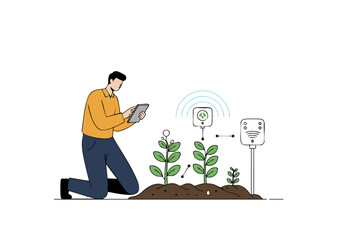 A man checks soil moisture with a tablet, monitoring a thriving plant. Modern illustration showcasing smart gardening and technology. Clean, vibrant design.