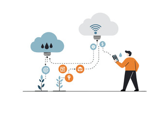 A man checks moisture levels with a smartphone, connected to a cloud displaying financial data and plant growth. Modern, digital illustration.