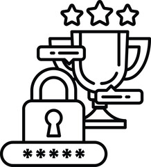 A black and white image of a lock and a trophy