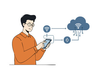 A man uses a tablet to connect to cloud data, showcasing modern technology and data transfer. Clean, graphic style.