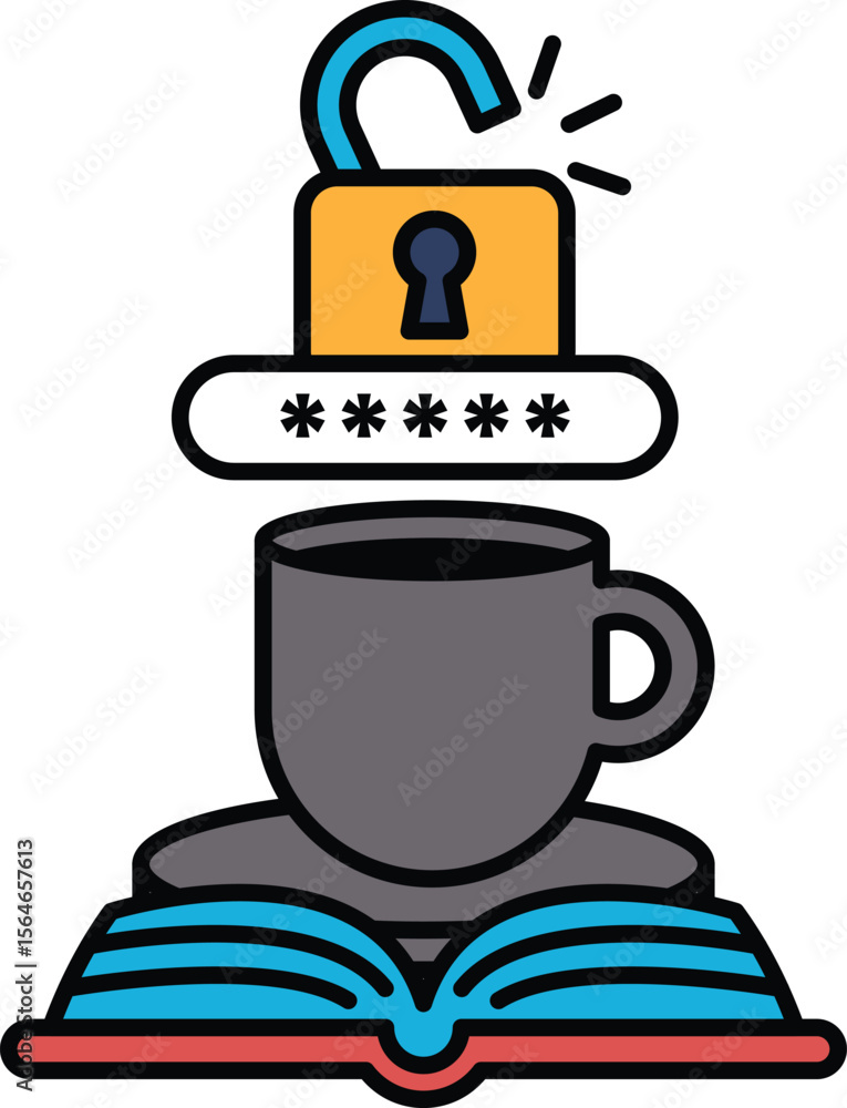 Poster a book with a lock on it and a cup with a keyhole on top of it