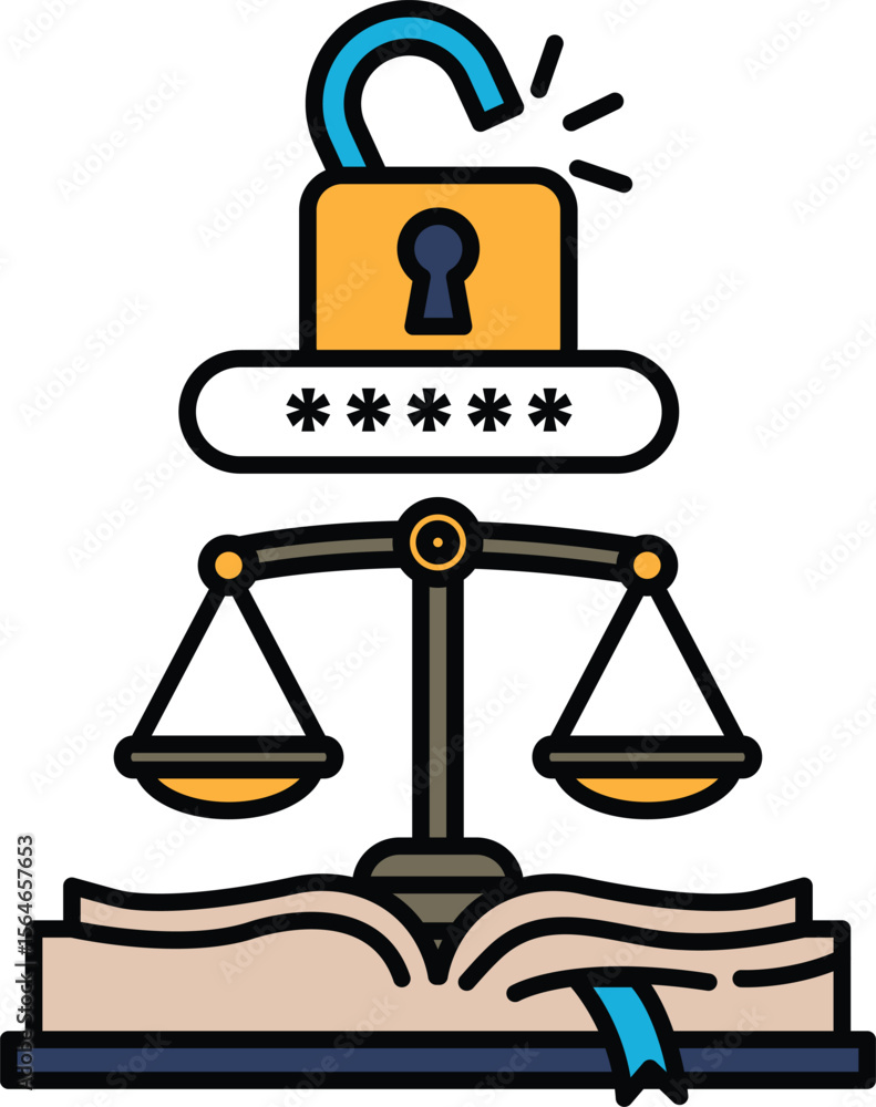 Poster a lock is on top of a scale, which is on top of an open book