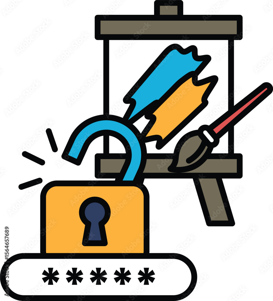 Poster a lock with a key is shown with a painting and a canvas