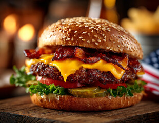 Cheeseburger Clássico e Suculento / Hambúrguer com Queijo Derretido, Pão Fresco e Ingredientes de Qualidade / Delícia Americana para Todos os Gostos

