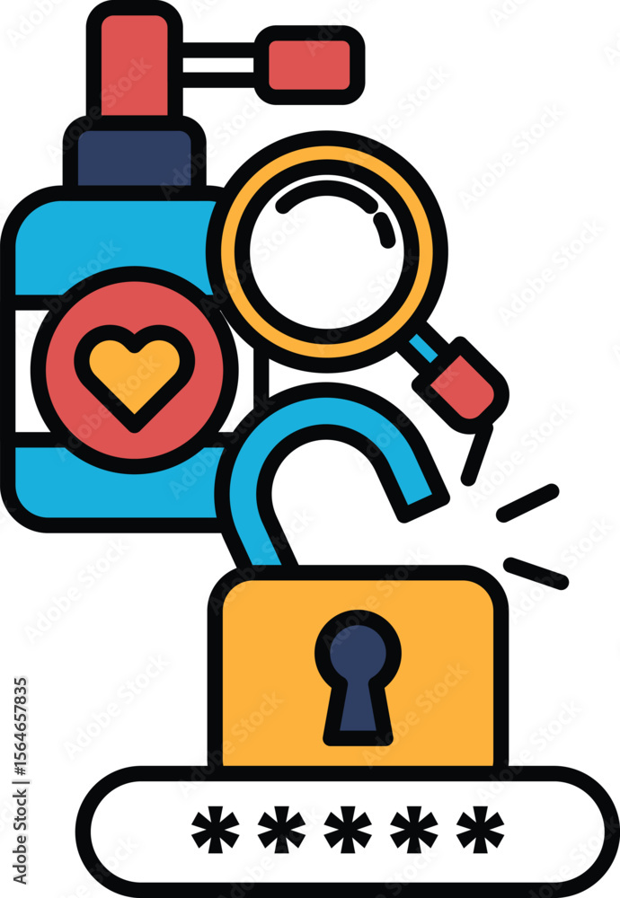 Poster a lock with a key and a bottle of lotion with a heart on it