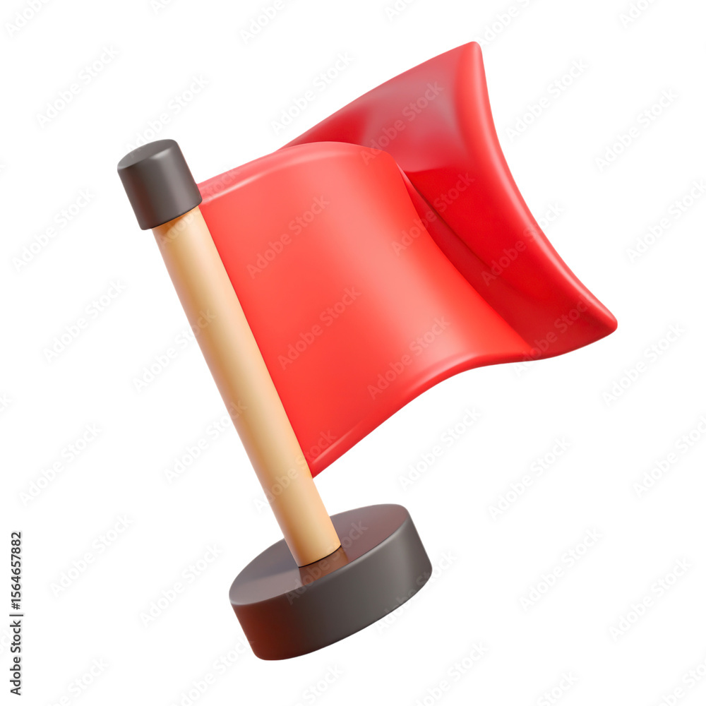 Poster a high quality 3d rendering icon of a waving red flag on a pole with a white background ready to be 