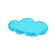 A blue fluffy cloud on a white background. Watercolor illustration in cartoon style. The children cloud. Suitable for children books, weather themed projects, fantasy backgrounds, postcards.