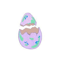 A broken egg is purple with green spot. Watercolor illustration of a fantasy dragon egg in cartoon style. Suitable for Easter themes, spring project, creation of fairy tale creatures, children design.
