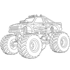 Black-and-white line art of a powerful monster truck with oversized tires, flame decals, and rooftop lights, shown in an elevated side view. © bima