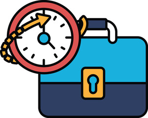 A blue briefcase with a clock on it