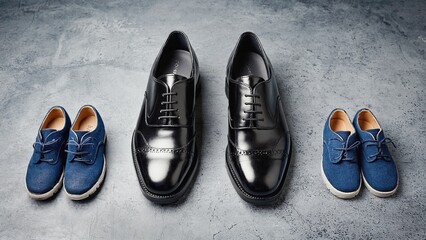 A pair of black formal shoes and two pairs of blue children's shoes arranged on a gray surface. The scene emphasizes family footwear and style.