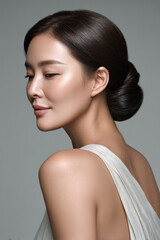 Elegant woman with smooth skin, dark hair in low bun, wearing white dress, soft smile, studio lighting, beauty portrait