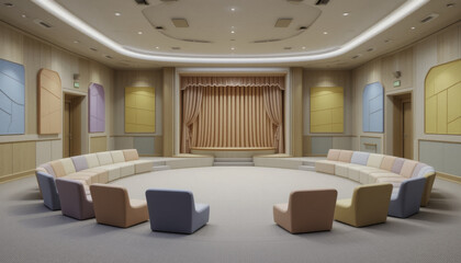 Modern auditorium with pastel colored seating arranged in semicircle facing stage. room features soft lighting and minimalist design, creating calm and inviting atmosphere