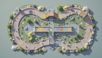 Aerial view of colorful, whimsical playground with winding paths, slides, and play structures surrounded by greenery and trees, creating vibrant and inviting atmosphere