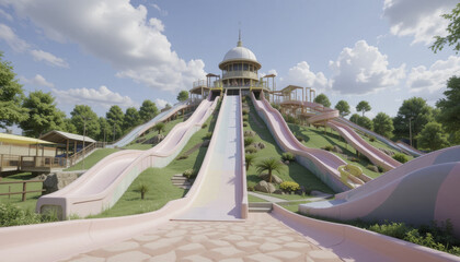 Large water slide park features multiple colorful slides descending from central tower under bright blue sky. Lush greenery surrounds area, creating vibrant and inviting atmosphere
