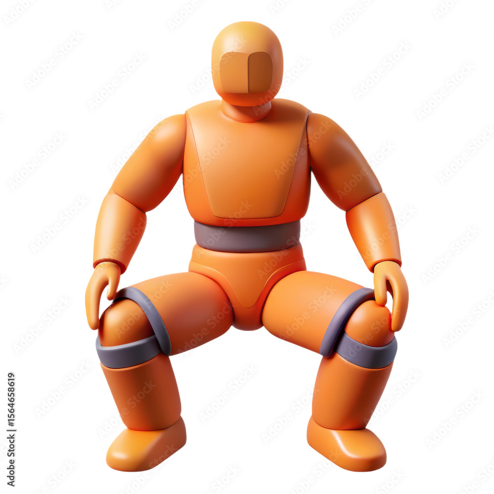 Poster orange 3d robotic humanoid icon squatting with kneepads on white background high quality 3d renderin