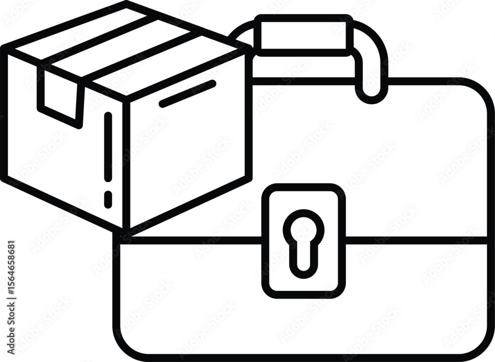 Poster a black and white image of a briefcase with a box on top of it