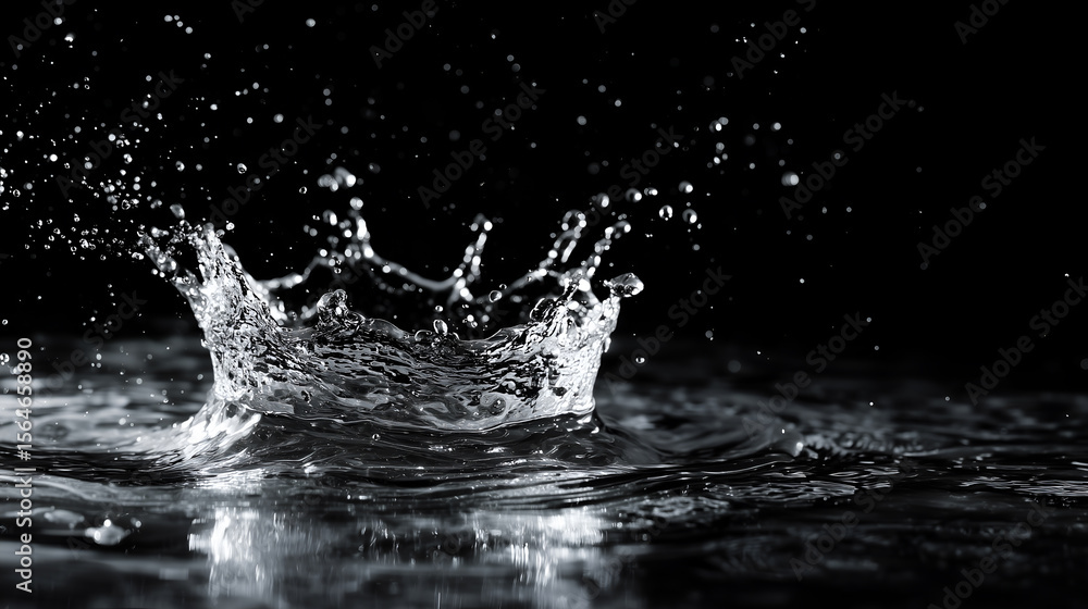 Poster a captivating water splash with a crown-like formation, against a dark backdrop. a mesmerizing displ