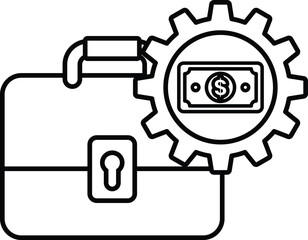 A black and white image of a briefcase with a key and a stack of money
