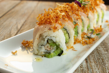 A closeup view of a blue crab roll.