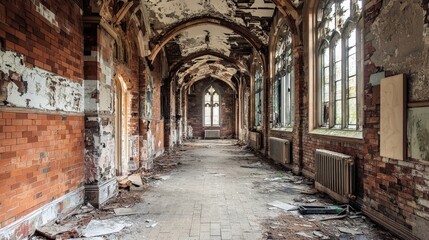 Fototapeta premium Abandoned college interior slung derelict forsaken outcast