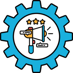 A blue and white logo with a microphone and three stars
