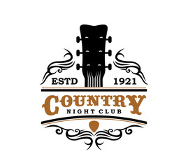 Country music night club icon with guitar pick for saloon bar, vector emblem. Country music sign for American saloon and recording studio label, Western nightclub concert or musical band emblem