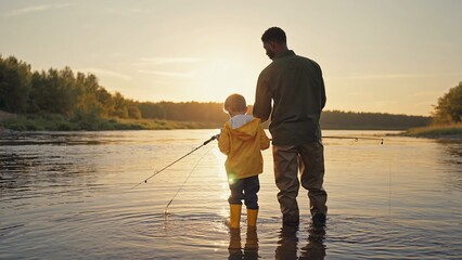 A man and a young boy stand in a river at sunset. The man is African, wearing a dark shirt. The boy is Caucasian, wearing a yellow raincoat and boots, holding a fishing rod.