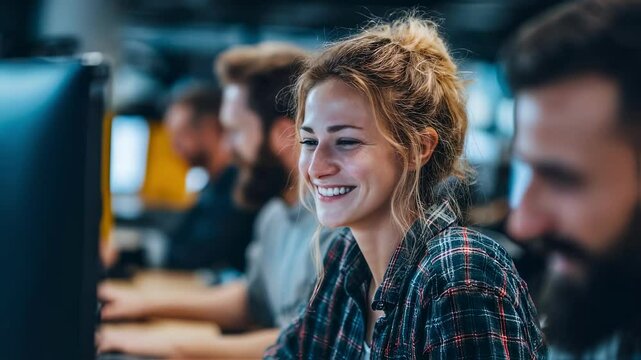Team of software developers is working on a project, focusing on a computer screen with a smiling female colleague in the foreground