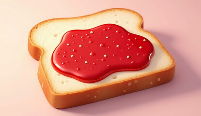 A piece of bread with a generous layer of strawberry jam, spread evenly, displayed against a soft, pastel pink surface. 4K and HD image