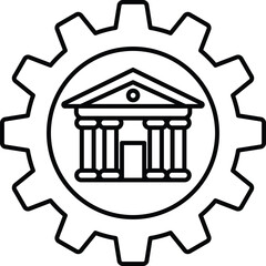 A building with columns and a dome is drawn in black and white