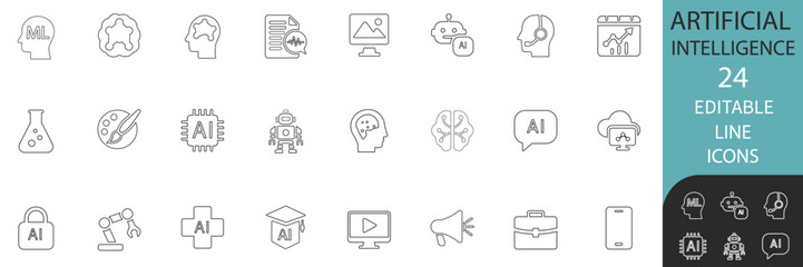 Artificial intelligence best editable line icon set collection. includes AI, ML, robotics, neural networks, automation, tech innovation, and digital data. ideal for UI, infographics, and app design.