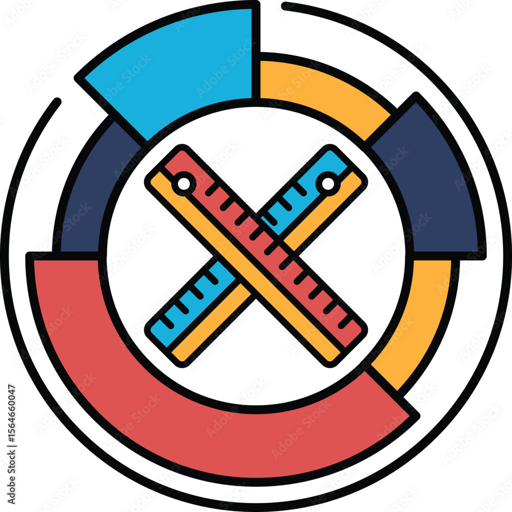 Poster a colorful circle with a ruler and a pair of scissors in the middle