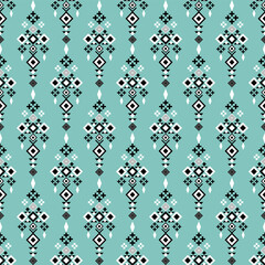 Seamless Tribal Geometric Pattern Featuring Pink, Blue, and Black Diamond Motifs with Pastel Ornamental Elements, Ethnic Textile Inspired Abstract Design for Fabric, Wallpaper, and Crafts