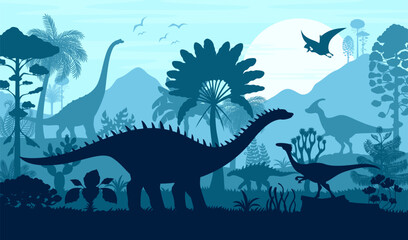 Dinosaur silhouettes at prehistoric landscape of Jurassic tropical jungle, vector background. Dinosaur silhouettes in prehistoric era forest, giant lizard reptiles with pterodactyls for paleontology © Vector Tradition