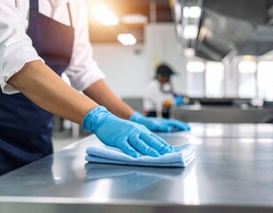 A person wearing blue gloves and an apron is cleaning a stainless steel surface with a cloth in a bright, industrial kitchen setting.