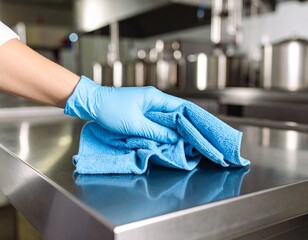 A gloved hand cleans a stainless steel surface with a blue cloth in a professional kitchen setting.