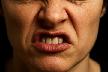 Fototapeta premium Expression of Disgust: A close-up of an expressive face reveals intense disgust, where wrinkled nose, grimace, and tightly pursed lips.