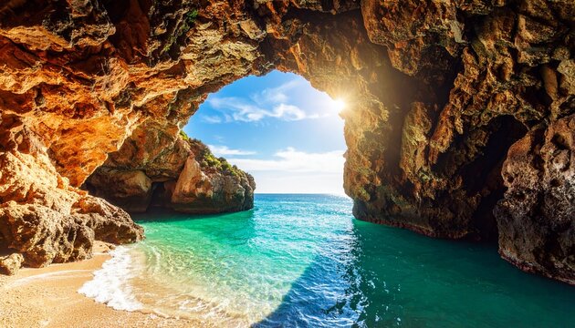  imagen vibrante y soleada de la entrada a una cueva marina.