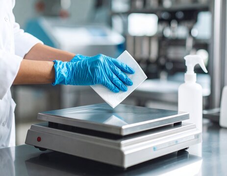 A person wearing blue gloves cleans a stainless steel digital weighing scale in a laboratory or industrial setting.