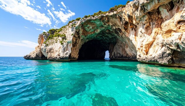  imagen vibrante y soleada de la entrada a una cueva marina.