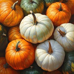 Pumpkins in mixed orange, white, and green shades, festive and lively
