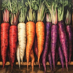 Root vegetables in deep reds, oranges, and purples, earthy and dynamic
