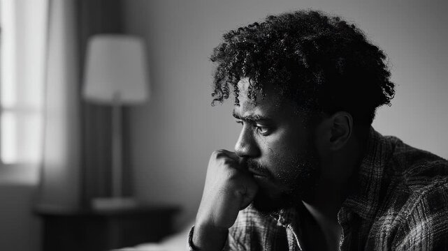 A pensive male artist is captured in profile on a white mattress his checkered shirt contrasting with the starkness of the room. He sits with hunched shoulders a quivering figure of