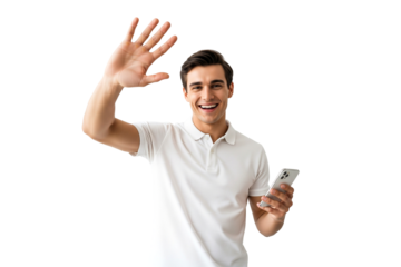 Happy young man holding the phone and raising one hand up on white