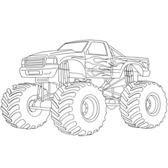 Detailed line art of a monster truck with oversized tires, flame decals, and a lifted suspension, viewed from the side.