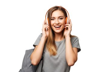 Smilling young woman with smartmobile and headphone on transparent