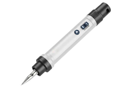 Handheld electric engraving pen with a fine metal tip isolated on a transparent background